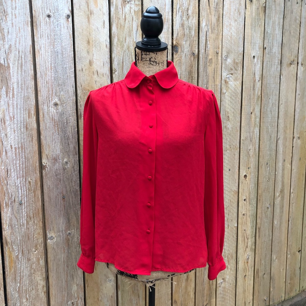 VINTAGE RED CHIFFON ROUND COLLARED BLOUSE